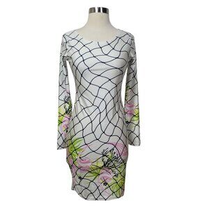 White Long Sleeve Bodycon Dress Medium Abstract Floral Print Stretch Clubwear